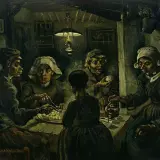 Les Mangeurs de pommes de terre, une œuvre emblématique du courant artistique de Van Gogh, dépeint une famille paysanne partageant un repas humble sous la lumière d'une lampe.