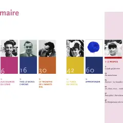 Table des matières présentant des portraits et des blocs de couleur, évoquant les œuvres d'art de Yves Klein.