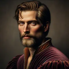 Une oeuvre d'art portrait d'un homme à la barbe soignée, aux yeux bleus perçants, vêtu d'une tunique pourpre richement ornée.