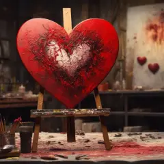 Un cœur rouge texturé sur un chevalet, au milieu d'un atelier d'artiste. Une œuvre qui capture la représentation de l'amour dans l'art.