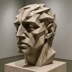Sculpture d'une tête aux formes géométriques, le regard intense et pensif. Une œuvre d'art qui captive par son style unique.