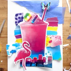 Collage pop art vibrant : un grand gobelet rose de granité, un flamant rose, un papillon et une ville.