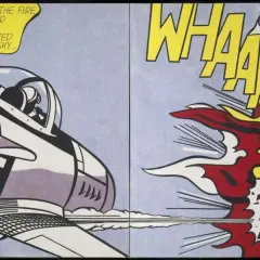 Un avion de chasse tire des roquettes, une explosion retentit. La **roy lichtenstein technique** imite les comics avec des points Ben-Day.