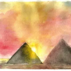 Aquarelle de pyramides dans un ciel rose et jaune. La composition pyramidale met en valeur le soleil levant derrière la plus grande pyramide.