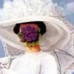 Une femme au chapeau blanc, visage caché par des fleurs, dans une œuvre de René Magritte.