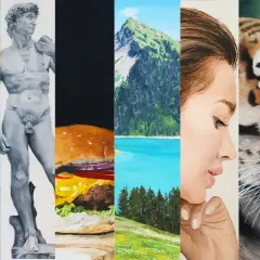 Un collage de peintures à l'huile : fleurs, perroquet, David, burger, paysage de montagne, portrait, tigre, mer. Un modele peinture à l'huile facile.