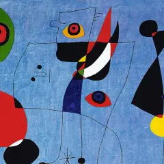 Œuvre de l'artiste Miro, un tableau abstrait bleu vif avec des formes géométriques et des yeux stylisés.