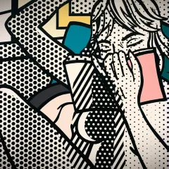 Une femme en larmes, typique du **Lichtenstein pop art**, se tient la tête. Les points Ben-Day et les couleurs vives créent une scène dramatique.