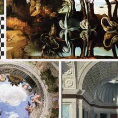 Collage d'oeuvres d'art : éléphants surréalistes, damier optique, anges célestes et architecture classique. Une oeuvre d'art tristesse émane de la scène surréaliste.