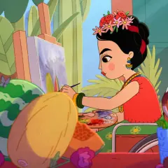 Frida Kahlo jeune, assise dans son fauteuil, peint un tableau coloré entourée de fruits et de fleurs.