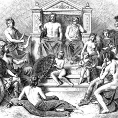 Scène mythologique : Zeus et Héra sur un trône, entourés de dieux et de figures, évoquant l'ouverture de la boite de Pandore.