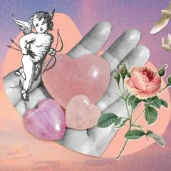 Une peinture d'amour et de passion : une main tenant des cœurs, un cupidon, une rose et des oiseaux dans un ciel pastel.