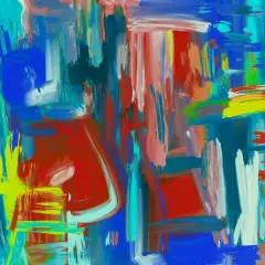 Une explosion de couleurs vives, une **abstraction def** qui évoque l'énergie et le mouvement. Des touches de rouge, bleu, jaune et vert se mélangent.