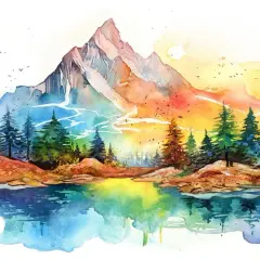 Un peintre aquarelle contemporain capture un paysage de montagne vibrant, avec un lac reflétant les couleurs vives du ciel et de la nature.