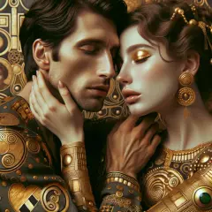 Un tableau représentant l'amour, un couple aux vêtements ornés d'or, leurs visages se rapprochant dans une étreinte tendre.