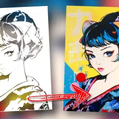 Une esquisse en noir et blanc d'une jeune femme se transforme en une vibrante peinture japonaise, pleine de couleurs vives et de détails expressifs.