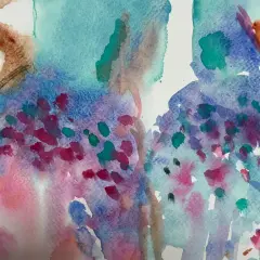 Composition aquarelle abstraite aux teintes bleues, violettes et roses, évoquant des fleurs ou des baies.