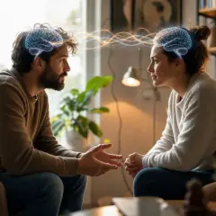 Un homme et une femme échangent des idées, leurs cerveaux illuminés par des ondes lumineuses, symbolisant une connexion profonde et une longueur d'onde d'expression partagée.