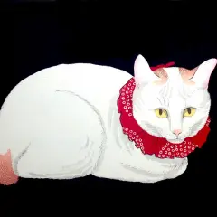Un chat blanc aux yeux jaunes, paré d'un collier rouge orné de cercles blancs, est une œuvre d'art captivante. Ce tableau de chats dans l'art, aux teintes vives sur fond noir, évoque une présence élégante.