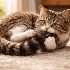 Un chat tigré aux yeux verts, enroulé sur un tapis, semble jouer avec sa queue, une scène qui évoque l'expression "le chat qui se mord la queue".