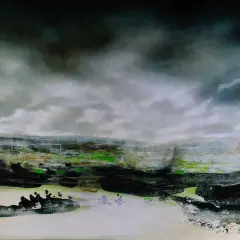 Paysage abstrait sombre, évoquant le vide dans l'art. Nuages menaçants, touches de vert vif sur un sol tourmenté.