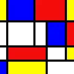Une composition abstraite typique d'une **Mondrian peinture**, avec des lignes noires épaisses délimitant des rectangles de couleurs primaires (rouge, bleu, jaune) et des espaces blancs.