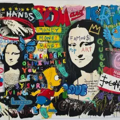 Œuvre pop art inspirée de Roy Lichtenstein, avec Mona Lisa, Bart Simpson, un oiseau et des messages sur l'argent et le rêve.