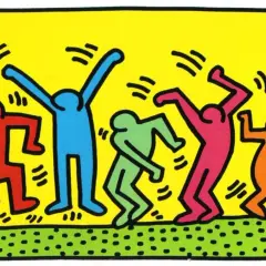 Des bonhommes colorés de Keith Haring dansent joyeusement sur fond jaune, avec des éclaboussures vertes et noires au sol.