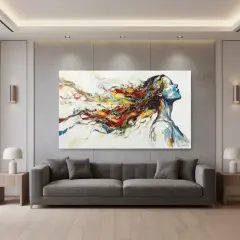 Tableau abstrait d'une femme à la chevelure multicolore, une inspiration pour comment faire un tableau original.