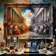 Un atelier d'artiste avec une œuvre divisée, symbolisant le repentir en peinture. La moitié gauche est colorée, la droite en noir et blanc.