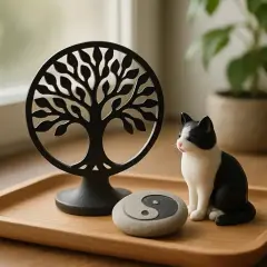 Un petit chat noir et blanc, tel un peintre contemplatif, observe un arbre de vie et un yin yang sur un plateau en bois.