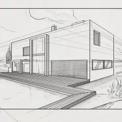 Dessin d'une maison moderne avec piscine, vu en perspective. Les lignes de fuite accentuent la profondeur.