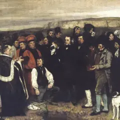 Une peinture réaliste connue dépeint une foule en deuil, un prêtre, un enfant portant une lanterne et un chien, sous un ciel sombre.