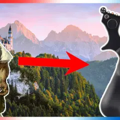 Un homme préhistorique, prêt à jeter la pierre, évolue vers une fronde moderne devant un paysage montagneux et des châteaux.