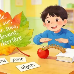Un garçon apprend les prépositions avec une feuille d'automne. Il utilise un pont pour relier une pomme et un livre, illustrant l'expression avec sac.