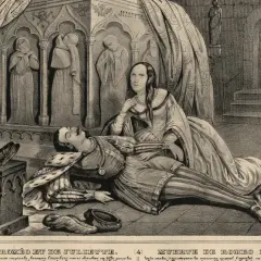 Peinture sur la mort : Juliette veille sur Roméo endormi dans un tombeau, une scène tragique de leur histoire.