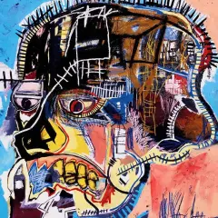 Portrait d'un crâne aux couleurs vives, une des oeuvres majeur de Basquiat, avec un œil rouge intense et une bouche béante.