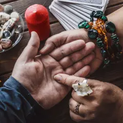 Une voyante lit l'avenir dans la paume d'une main, avec des cartes, une boule de cristal et des pierres. Elle semble avoir la main sur le cœur, concentrée.