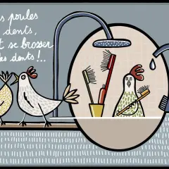 Des poules avec des dents se brossent les dents dans la douche, une scène humoristique inspirée par l'expression "quand les poules auront des dents".