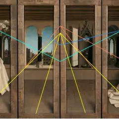 L'Annonciation, une oeuvre d'art lumière, montre l'archange Gabriel et la Vierge Marie dans des scènes architecturales, avec des lignes de perspective colorées.