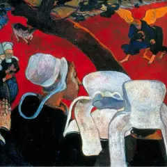 La Vision après le sermon, une peinture de Gauguin, montre des femmes bretonnes priant devant un combat de Jacob et l'ange, sur fond rouge vif.