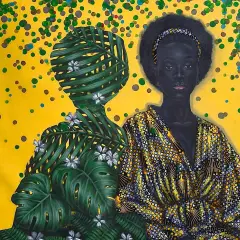Une œuvre d'art contemporain africain vibrante : une femme au regard intense, son double végétal se fondant dans un fond jaune festif.