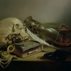 Vanitas tableau : crâne, livre, plume, verre renversé, montre à gousset, bougie éteinte. La vie est éphémère.