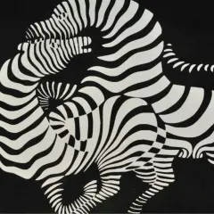 Œuvres d'art de Victor Vasarely : des zèbres aux rayures ondulantes s'entremêlent dans une composition optique hypnotique sur fond noir.