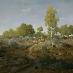Paysage rocheux et boisé, typique de l'école de Barbizon. Un chemin serpente à travers la lande, menant vers des arbres feuillus sous un ciel nuageux.