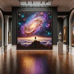 Une silhouette contemple une galaxie vibrante dans une galerie d'art, une œuvre de space art qui invite à la contemplation.