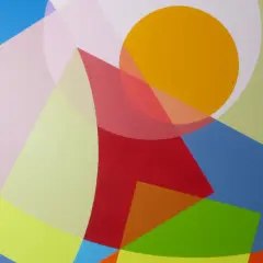 Un aplat de couleur exemple, avec des formes géométriques et des cercles translucides dans des tons vifs comme le rouge, l'orange, le jaune et le vert.