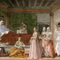 Un tableau d'amour maternel : une femme en bleu est allongée, une autre porte un bébé, entourées de femmes en robes colorées.