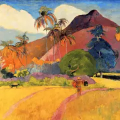 Paysage tropical aux couleurs vives, une œuvre d'art de Paul Gauguin. Un homme porte un panier, un chien court dans un champ doré.