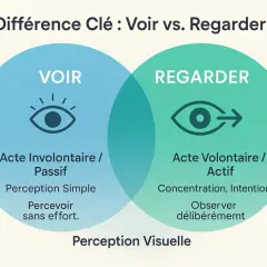 Diagramme comparant "Voir" (acte involontaire) et "Regarder" (acte volontaire), illustrant la perception visuelle à travers des icônes d'yeux.
